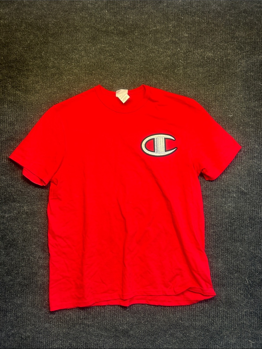 Vintage Champion Red Crewneck Short Sleeve Tee with Chest C Logo